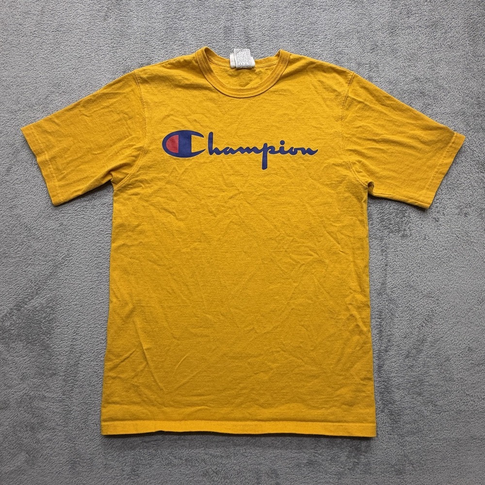 Champion Shirt Mens Medium‎ Yellow Script Spell Out Logo Graphic Tee Cotton